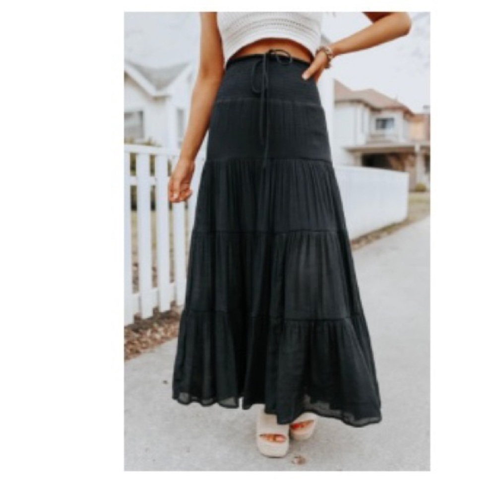 HYFVE Drawstring Smocked Black Tiered Maxi Skirt
